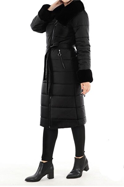 TRENDTESETTÜR Women's Black Fur Detailed Zippered Puffer Coat 3141