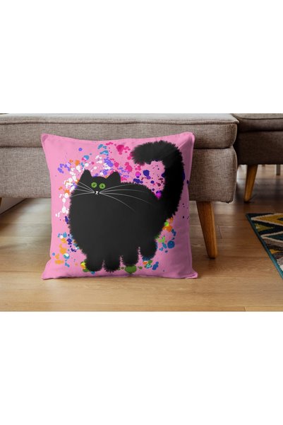 CİMENS 4-Piece Digital Printed Gift Sofa Set - Pink Floor, Black Cat Pattern