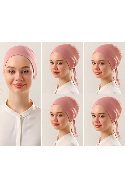 Melodi Scarf Γυναικείο Σετ Hijab Ραμμένο Bone Powder 5 τεμαχίων Δεμένο χτενισμένο βαμβακερό καπό