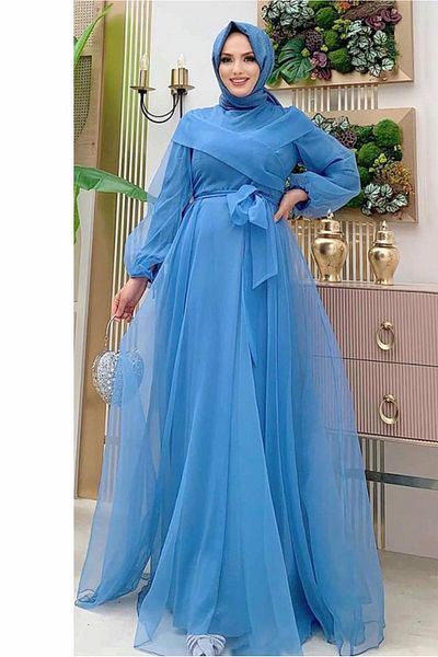 TRENDTESETTÜR Rochie de seară din tul cu curea albastru bleumarin pentru femei (INDIGO) T 4693