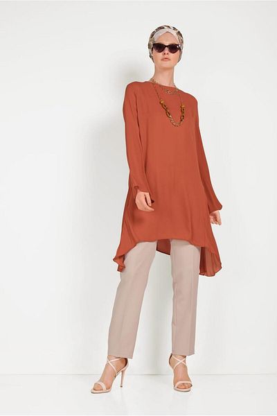 TRENDTESETTÜR Women's Tan Pleat Detailed Asymmetric Cut Tunic 40443