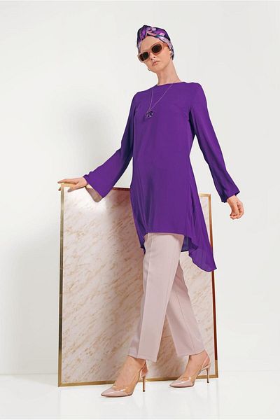 TRENDTESETTÜR Women's Purple (A.PURPLE) Pleat Detailed Asymmetric Cut Tunic 40443