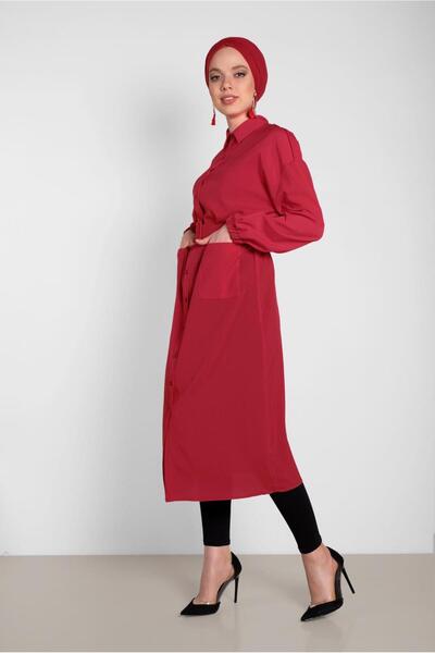TRENDTESETTÜR Women's Red Neck Buttoned Men's Collar Tunic 4243