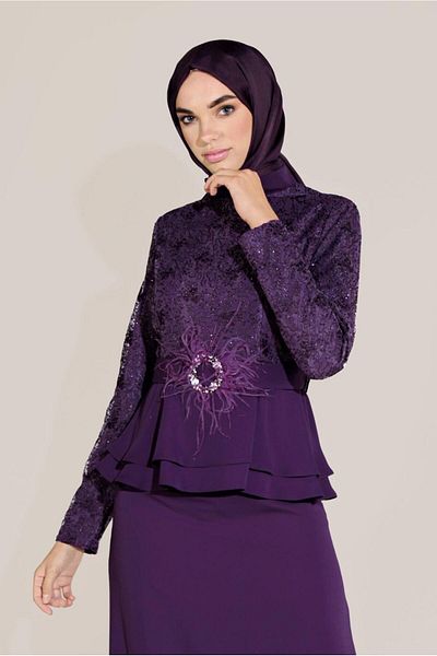 TRENDTESETTÜR Women's Purple (K.PURPLE) Belted Guipure and Ruffle Detailed Prevailing Collar Suit 30040