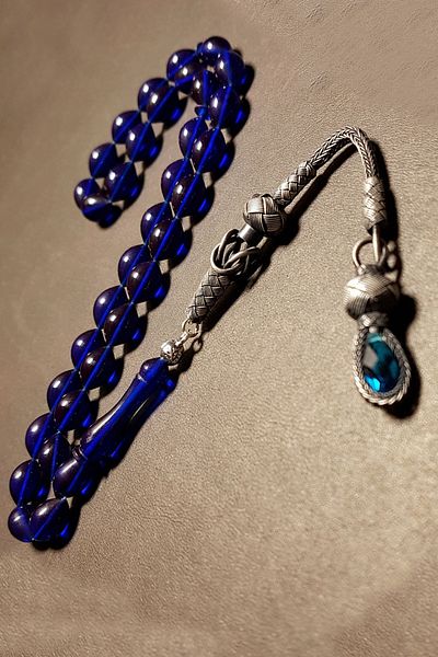 OTTOTESBİH Ciucure de Kazaz argintie, albastru Parlament, tasbih din chihlimbar foc.