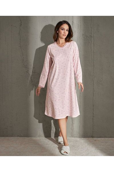 İntive Lingerie Aydoğan Floral Print Midi Length Comfortable Fit Nightgown with Robe/Clamshell - M-2Xl