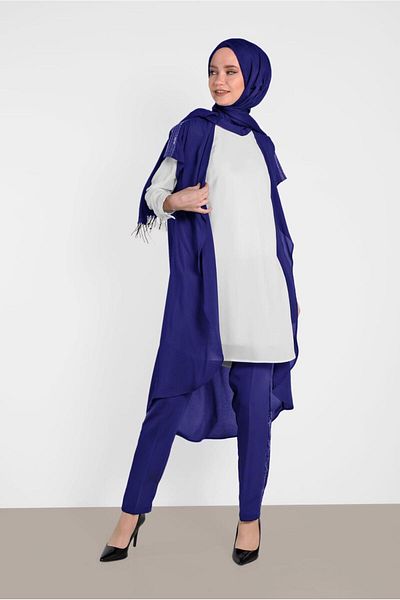 TRENDTESETTÜR Navy Blue Saks 2-Piece Shoulder Detailed Tunic 4475
