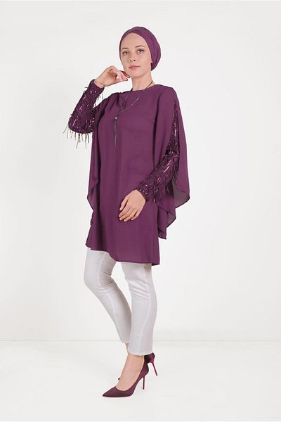 TRENDTESETTÜR Women's Purple (K.DAMSON) Tasseled Tunic with Sleeves 40562