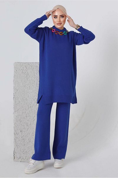 TRENDTESETTÜR Γυναικείο Navy Blue (σακούλα) Πλεκτό Σετ με Λεπτομέρεια Αλυσίδας και Παντελόνι 8592-1