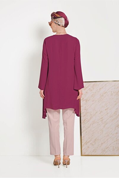 TRENDTESETTÜR Γυναικείο μωβ (BEGONVIL) Πιέτα Λεπτομερές Ασύμμετρο Κόψιμο Μπλουζάκι 40443