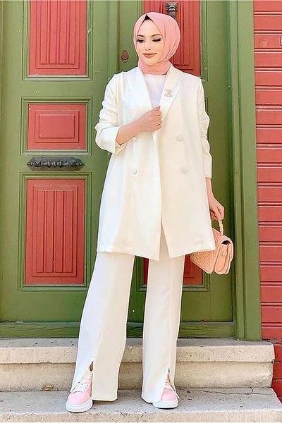 TRENDTESETTÜR Women's Ecru Double Breasted Collar Trousers Suit T 3928