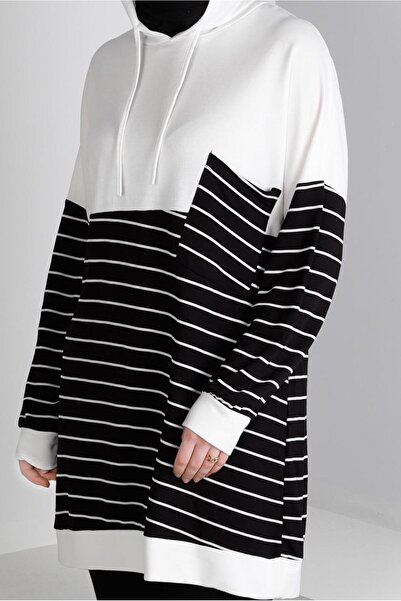 TRENDTESETTÜR Women's Cream (CREAM-BLACK) Striped Hooded Tunic 3736