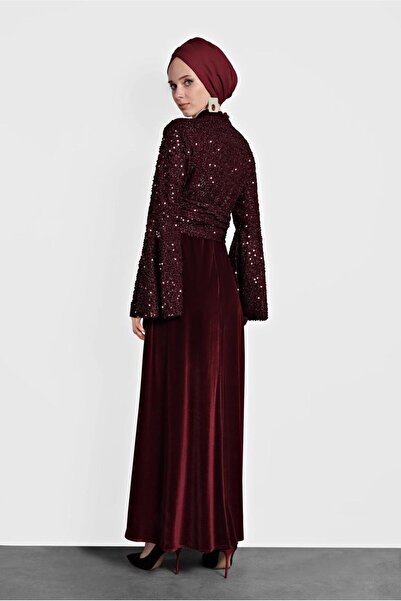 TRENDTESETTÜR Γυναικείο φόρεμα με μανίκια μπορντό παγιέτες 40291