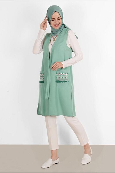 TRENDTESETTÜR WOMEN'S GREEN (MINT) POCKETS EMBROIDERED VEST 40848