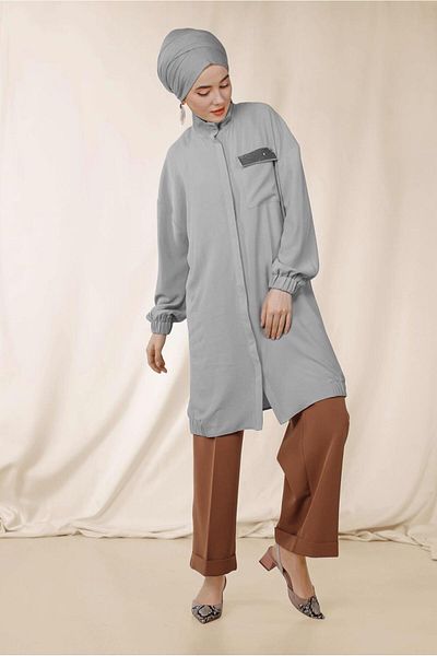 TRENDTESETTÜR WOMEN'S GRAY POCKET DETAIL TUNIC 4053