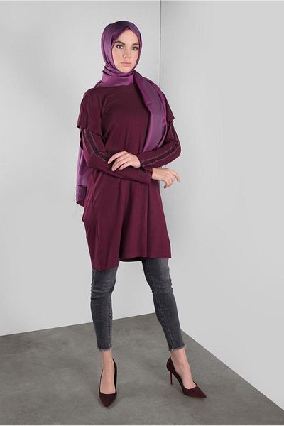 TRENDTESETTÜR Women's Purple (BEGONVİL) Stone Printed Ruffle Tunic 41293