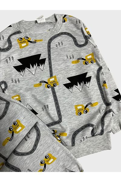 TOFU KİDS Boy's Cotton Car Engineering Vehicle Road Patterned Long Sleeve Seasonal Pajamas Set