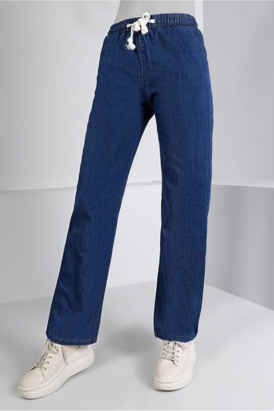 TRENDTESETTÜR Women's Navy Blue (DARK BLUE) Elastic Waist Straight Leg Denim Trousers T 2315