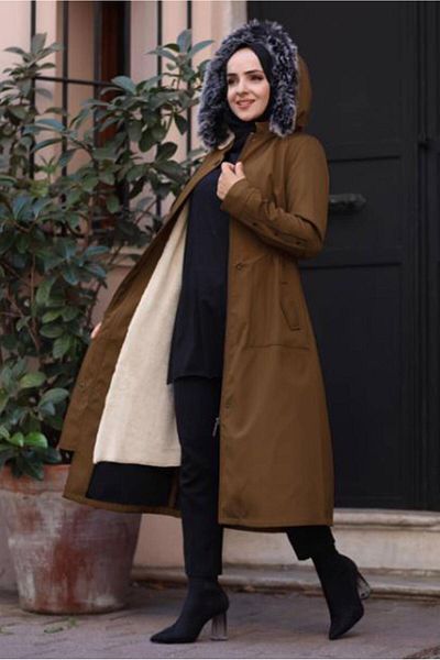 TRENDTESETTÜR Γυναικείο παλτό με κουκούλα καφέ (CAMEL) 0383