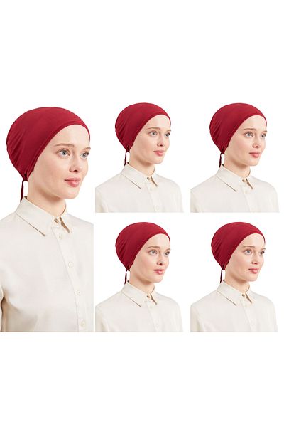 Melodi Scarf Burgundy Hijab Stitched Women's Combed Cotton Bonnet Set - 5 Pieces with Tie