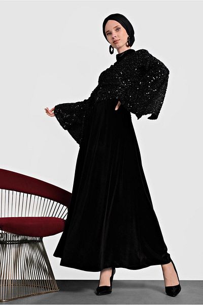 TRENDTESETTÜR Γυναικείο φόρεμα με μαύρη παγιέτα με μανίκια τρομπέτας 40291