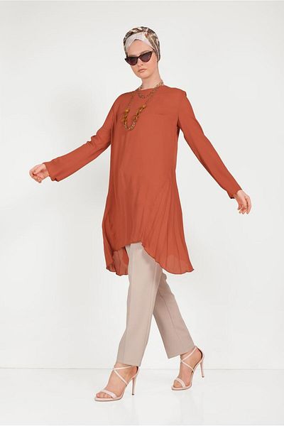 TRENDTESETTÜR Women's Tan Pleat Detailed Asymmetric Cut Tunic 40443