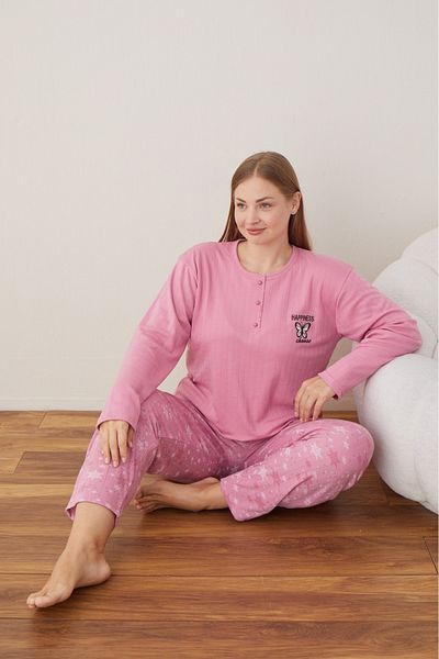 Eyfuze Women's Winter Plus Size Curve Embroidered Patterned Collar Buttoned Long Sleeve Pajama Set