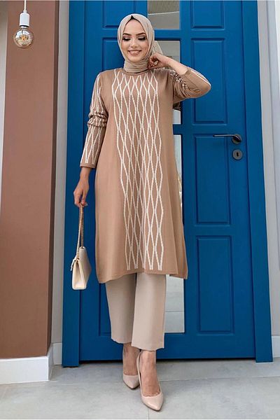 TRENDTESETTÜR Women's Tan Diamond Patterned Knitwear Tunic T 53112