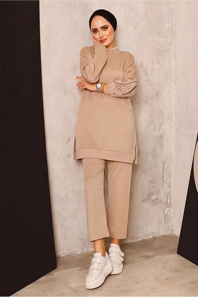 TRENDTESETTÜR Γυναικείο Καφέ (CAMEL) Περλέ Κοστούμι με Λεπτομέρειες Παντελόνι T 8672