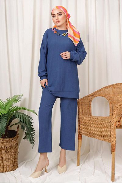 TRENDTESETTÜR Γυναικείο Navy Blue (INDIGO) Σετ διπλό παντελόνι με λεπτομέρεια αλυσίδας και ελαστική μέση T 3392