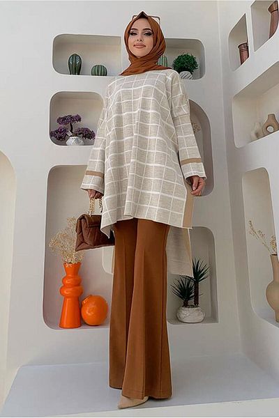 TRENDTESETTÜR Poncho de tricotaj cu model în carouri bej (piatră) pentru femei 71222