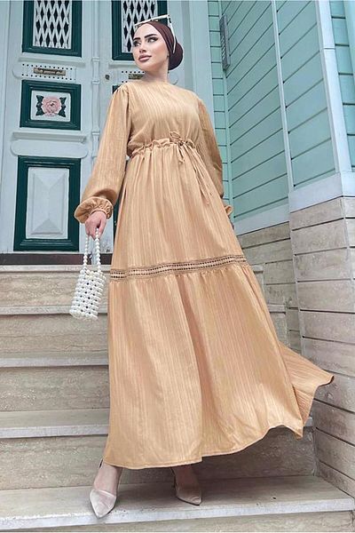 TRENDTESETTÜR Γυναικείο φόρεμα καφέ (CAMEL) Guipure με λεπτομέρεια με κορδόνι στη μέση 0537