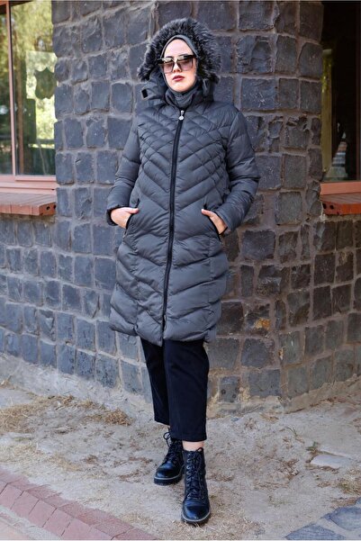 TRENDTESETTÜR Women's Gray Hooded Puffer Coat 0041