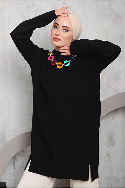 TRENDTESETTÜR Women's Black Knitwear Tunic with Chain Detail 8592