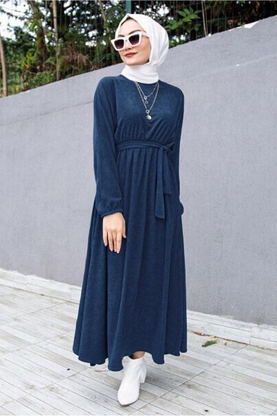 TRENDTESETTÜR Γυναικείο φόρεμα Navy Blue (INDIGO) με μανσέτες με ελαστική μέση T 6066