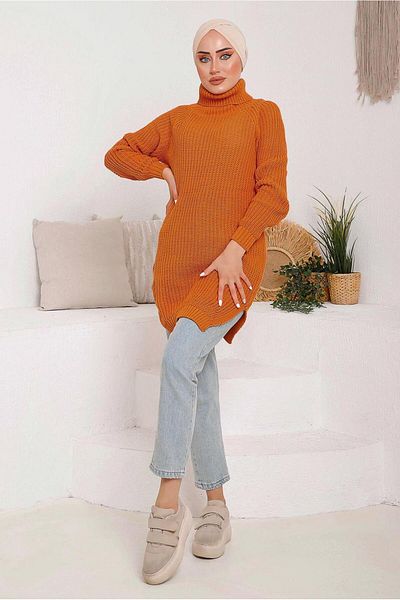 TRENDTESETTÜR Women's Orange (ORANGE) Turtleneck Slit Knitwear Tunic 7092