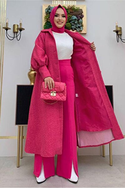 TRENDTESETTÜR Women's Fuchsia Buttoned Belted Coat 7277