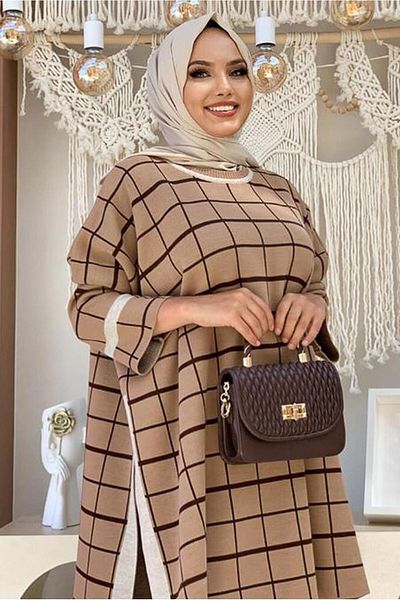 TRENDTESETTÜR Γυναικείο πλεκτό με καρό μοτίβο Tan Poncho 71222