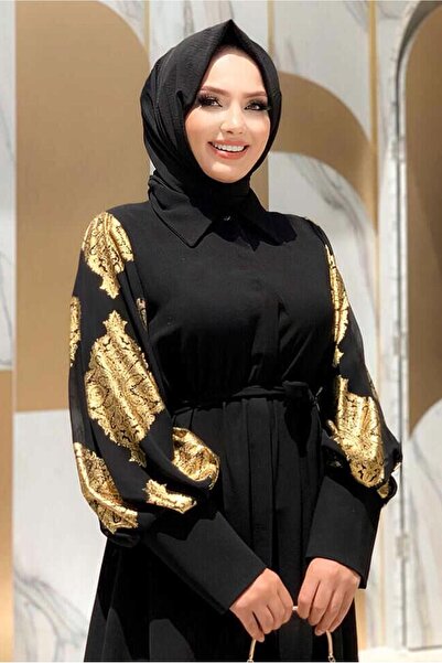 TRENDTESETTÜR Kadın Altın (GOLD) Kolları Desenli Gömlek Yaka Kuşaklı Elbise T 0077