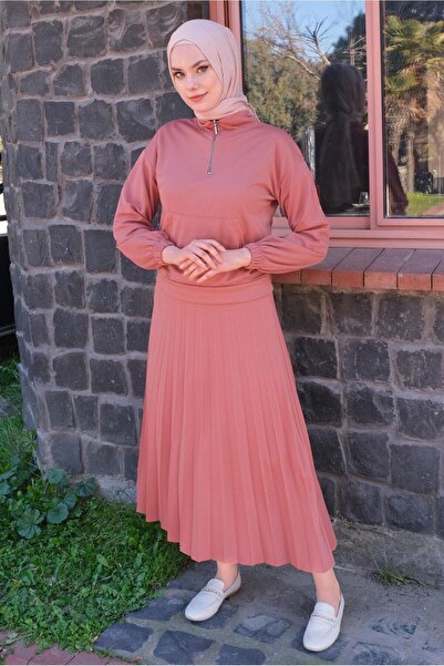 TRENDTESETTÜR Women's Pink (ROSE DURN) Zipper Detailed Pleated Skirt Suit T 4040