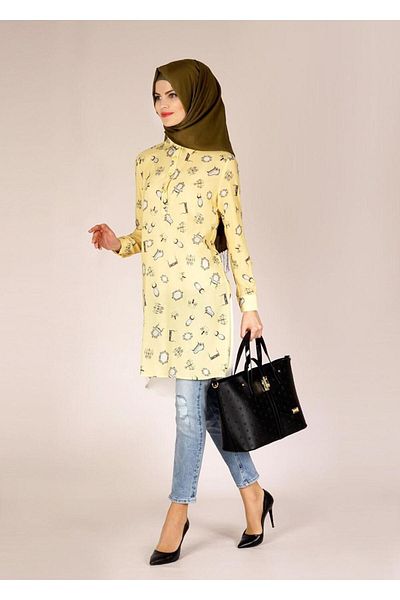 TRENDTESETTÜR Yellow Patterned Women's Tunic - t 4624