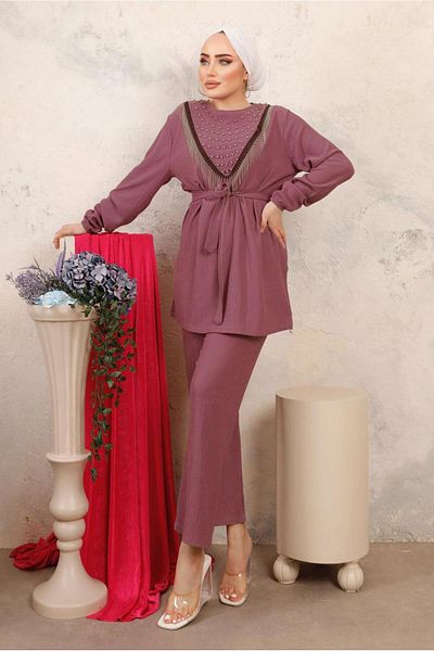 TRENDTESETTÜR Women's Pink (ROSE) Bead Embroidered Double Pants Suit T 1603