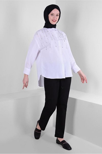 TRENDTESETTÜR Women's White Bead Detailed Buttoned Tunic T 3502