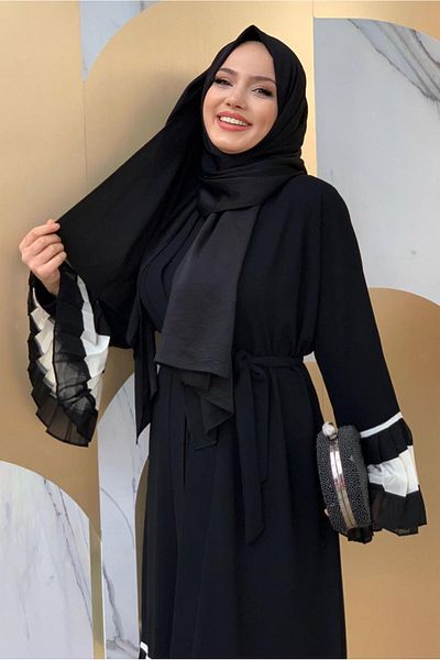 TRENDTESETTÜR Дамски черни (ЧЕРНО-БЯЛИ) плисирани детайлни волани Abaya T 4547