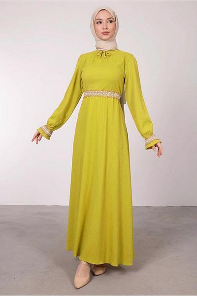 TRENDTESETTÜR Πράσινο Ethnic Κεντημένο Γυναικείο Φόρεμα με Κορδόνια - T 2582