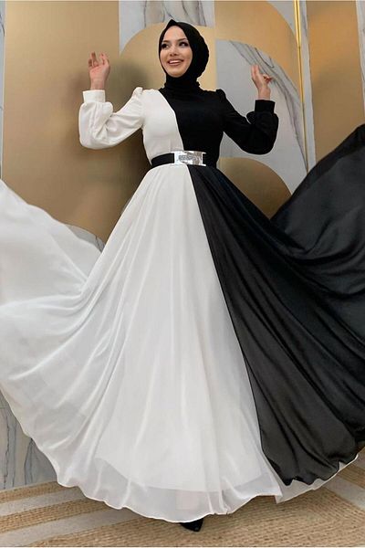 TRENDTESETTÜR Μαύρο φόρεμα σιφόν με ζώνη και δίχρωμο T 6083