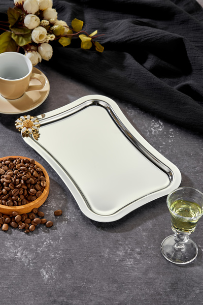 Turkco سلسلة Elegante، صينية خطوبة من الكروم منقوشة بمقبض Bella Flora، مقاس 25 × 15 سم، قطعة واحدة