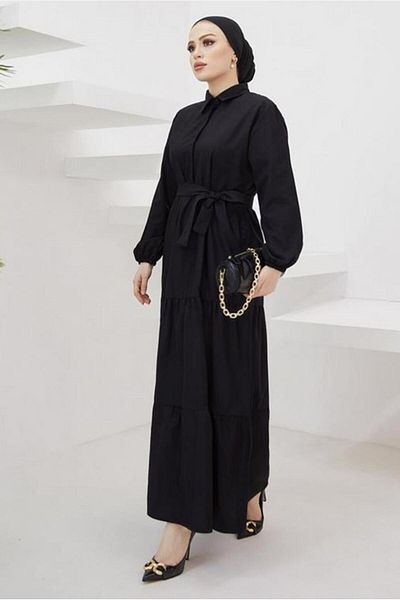 TRENDTESETTÜR Γυναικείο φόρεμα Casual System Black Belted πουκάμισο γιακά - T 724