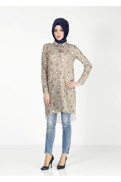 TRENDTESETTÜR Women's Khaki Patterned Tunic T 4624