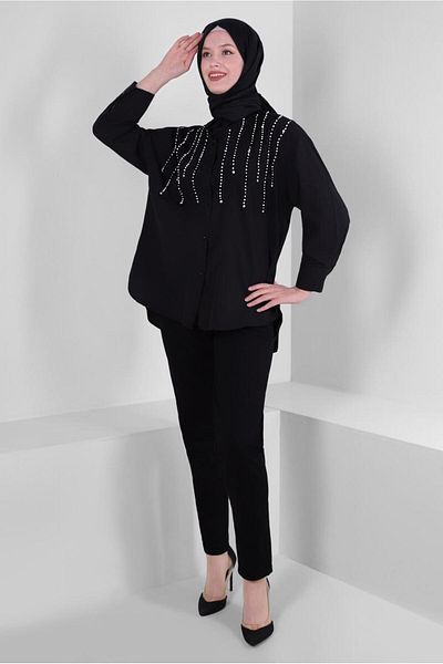 TRENDTESETTÜR Women's Black Bead Detailed Buttoned Tunic T 3502